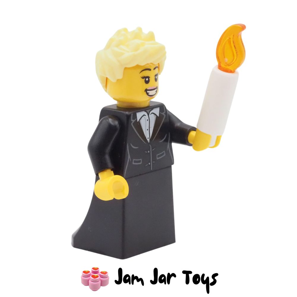 LEGO CITY Minifigure Carol Singer - Female, White Button Up Shirt, Black Skirt Side View