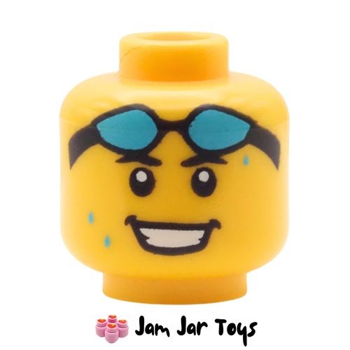 LEGO Swimmer Yellow Head, Sweating, Smiling, Swim Goggles On Forehead