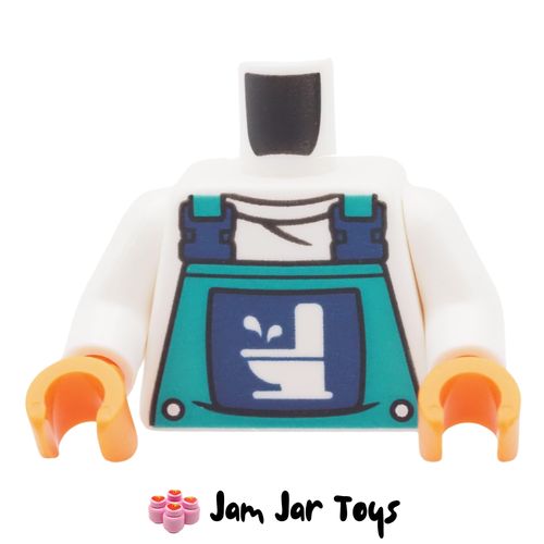 LEGO White Torso, Dark Turquoise Overall, White Toilet, Dark Blue Clasps.