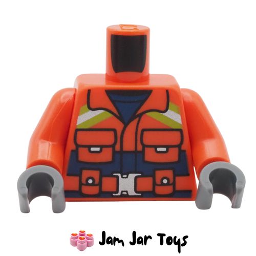 LEGO Reddish Orange Jacket, Neon Green/Silver Safety Stripes, Dark Blue Shirt