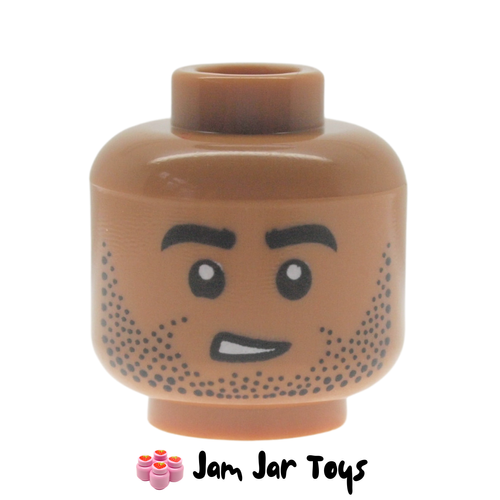 LEGO Medium Nougat Head, Black Stubbled Beard, Worried Crooked Smile