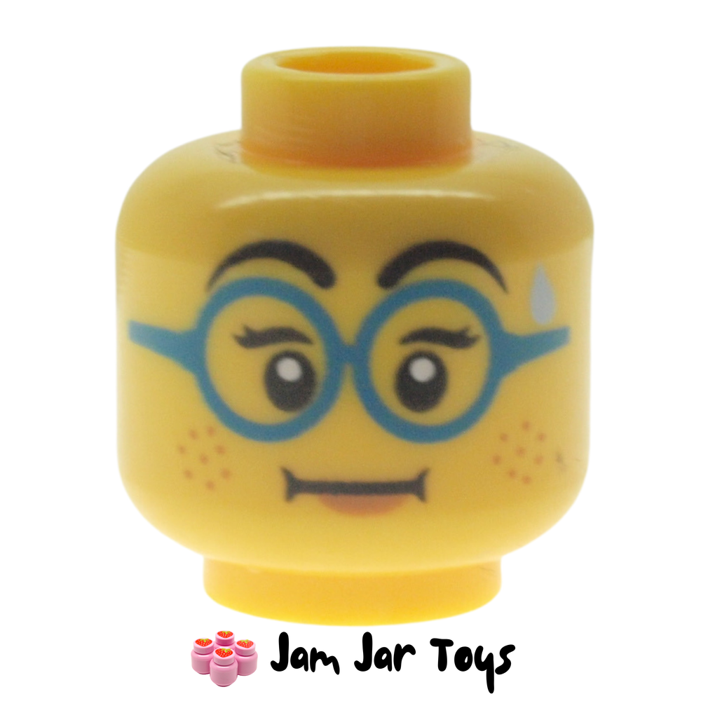 LEGO Head Blue Glasses, Freckles, Straight Closed Mouth, Sweat Drop