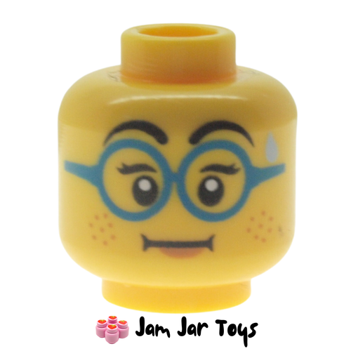 LEGO Head Blue Glasses, Freckles, Straight Closed Mouth, Sweat Drop