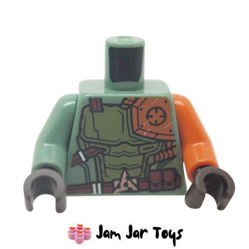 LEGO Sand Green Torso, Odd Arms, Armour, Orange Shoulder Plate, Belt with Pouches