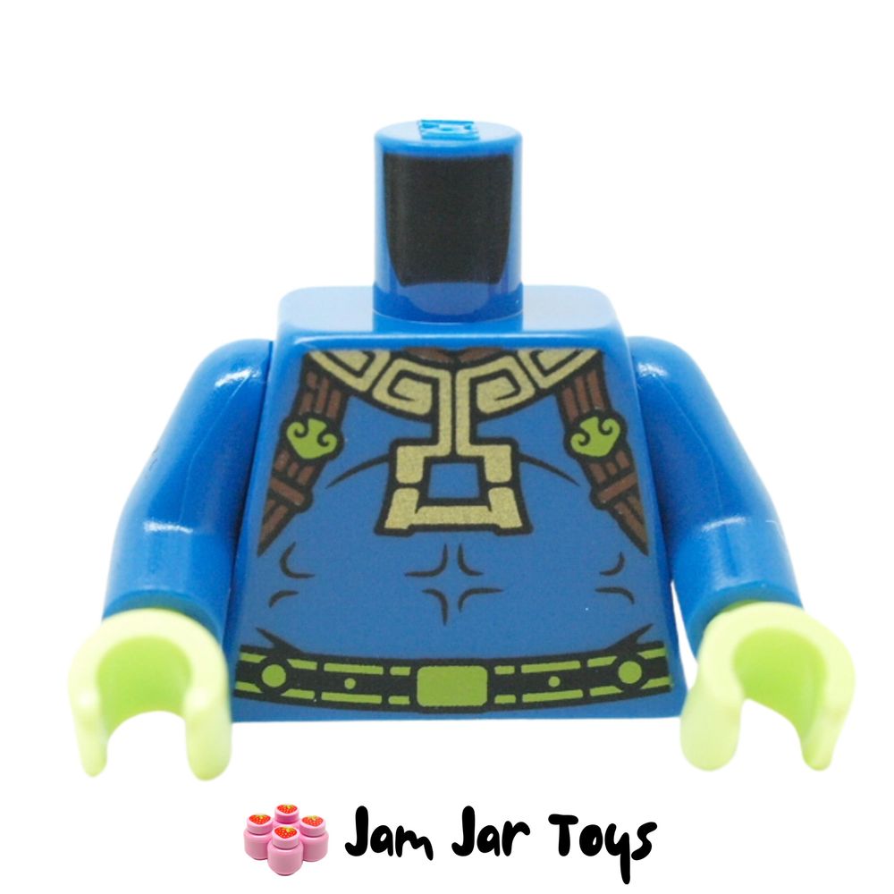LEGO Blue Torso, Lime Belt, Gold Necklace/Pendant, Dark Brown Straps.