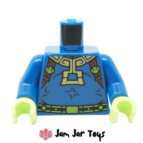 LEGO Blue Torso, Lime Belt, Gold Necklace/Pendant, Dark Brown Straps.