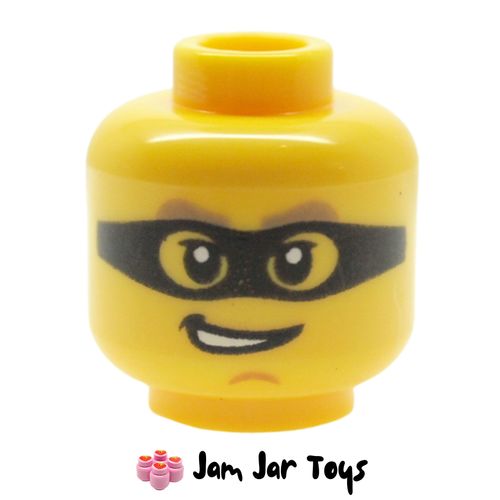 LEGO Criminal Head, Black Eyemask, Dark Tan Eyebrows, Smirk Showing Teeth.