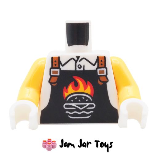 LEGO White Torso, Black Apron, Burger, Flames, Dark Orange Straps