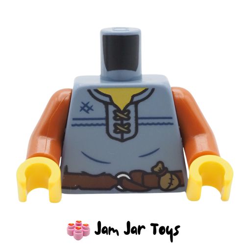 LEGO Sand Blue Tunic, Tan laces, Pouch, Reddish Brown Belt.
