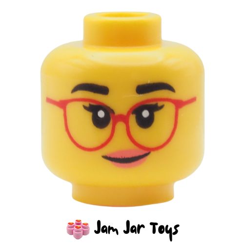 LEGO Yellow Head, Black Eyebrows, Red Glasses, Pink Lips, Smiling