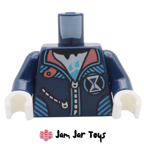 LEGO Dark Blue Jacket Torso, Zipper, Coral Collar, White Shirt, Hourglass.