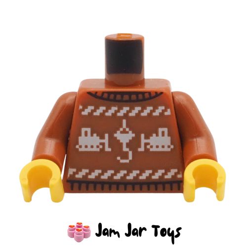 LEGO Dark Orange Christmas Sweater Torso, Bulldozers, Crane Hook