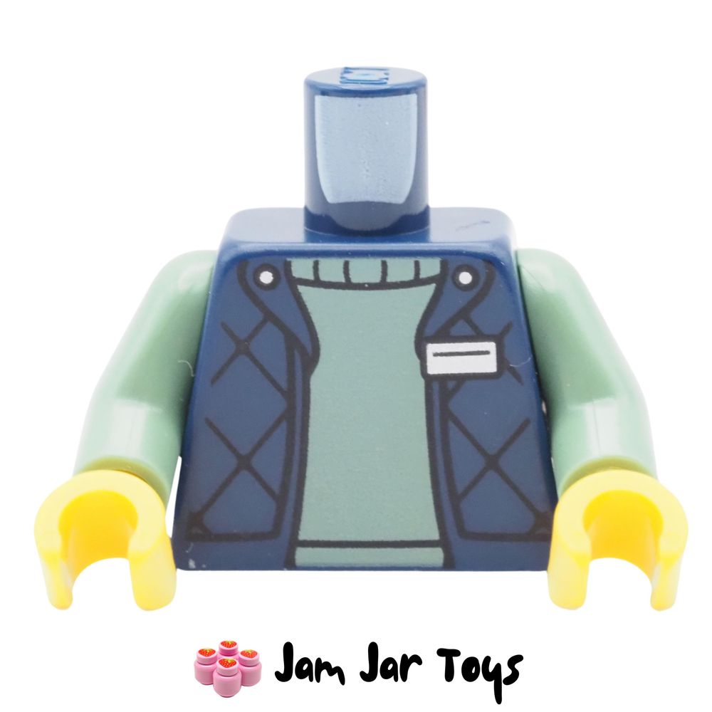 LEGO Dark Blue Bodywarmer Torso, Sand Green Sweater, Name Plate