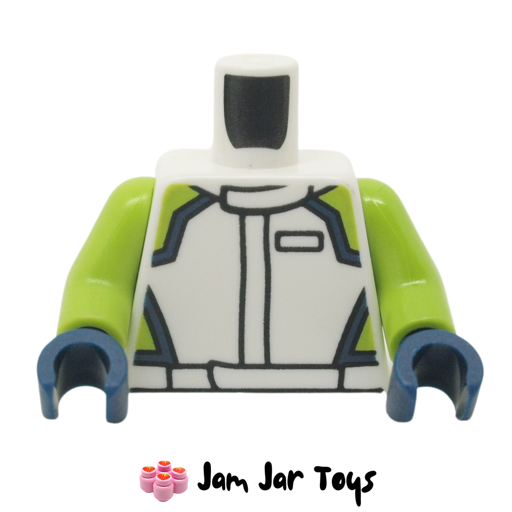 LEGO White Racing Jacket, Lime and Dark Blue Trim.