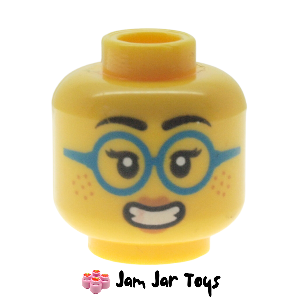 LEGO Head Blue Glasses, Freckles, Nervous Grin, Sweat Drop