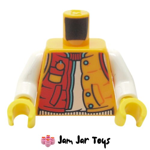 LEGO Bright Light Orange Torso, Red/Orange Jacket, White Shirt.