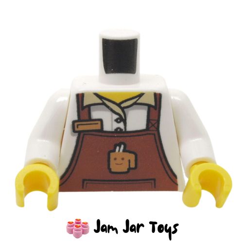 LEGO White Torso Shirt, Reddish Brown Apron with Coffee Mug, Name Tag