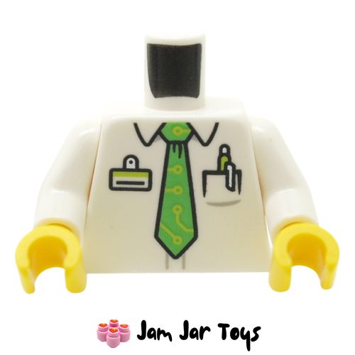 LEGO White Shirt Torso, ID Badge, Pens in Pocket, Bright Green Tie.