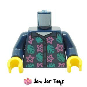LEGO® Dark Blue Hawaiian Shirt, Dark Pink Stars, Sand Green Leaves. TO128