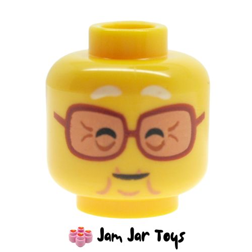 LEGO Mrs. Castillo, Dark Red Glasses, Wrinkles, Closed Eyes, Open Mouth Smile / Closed Mouth.