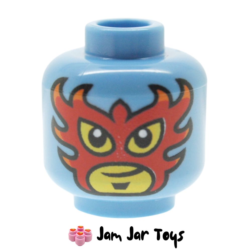 LEGO Medium Blue Head Red Fiery Mask, Smirk, Red Laces in Back.