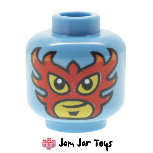 LEGO Medium Blue Head Red Fiery Mask, Smirk, Red Laces in Back.