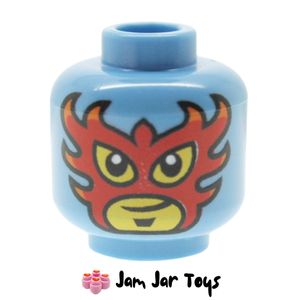 LEGO® Medium Blue Head Red Fiery Mask, Smirk, Red Laces in Back. HF70