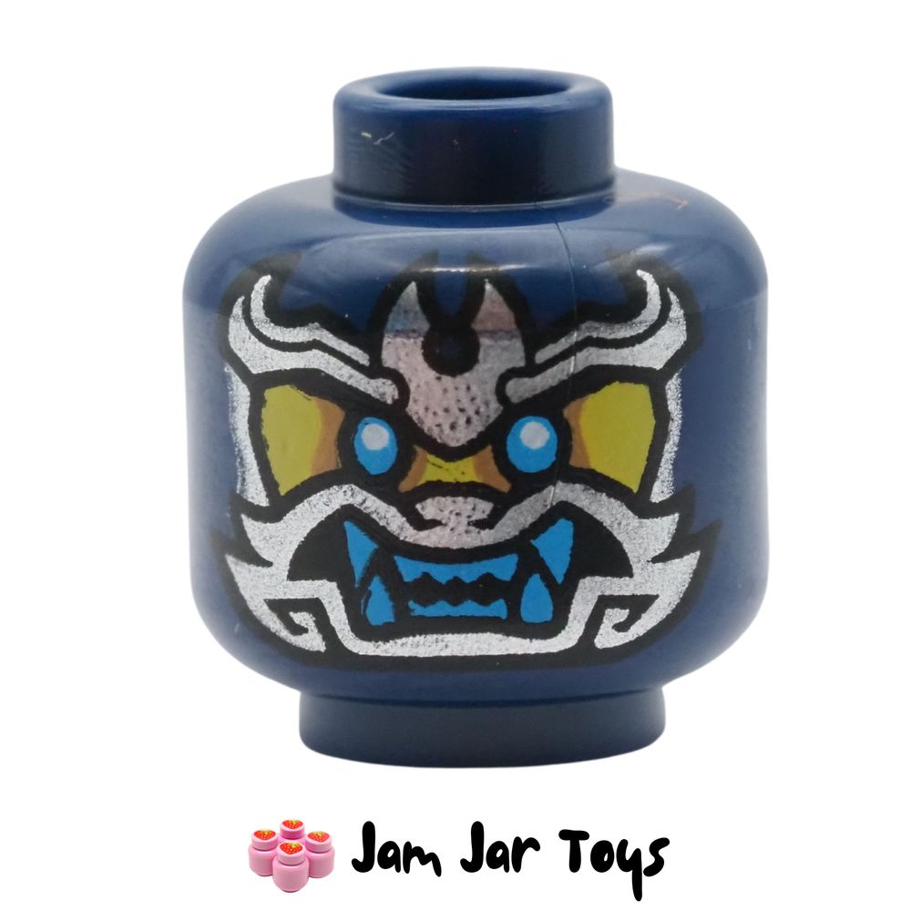 LEGO Dark Blue Wolf Mask Warrior Head, Silver Face Mask, Fangs Rear
