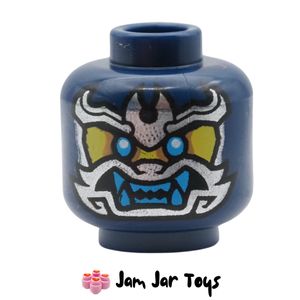 LEGO Dark Blue Wolf Mask Warrior Head, Silver Face Mask, Fangs Rear