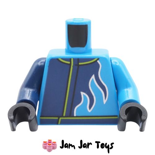 LEGO Dark Azure Racing Jacket, Dark Blue Flames, Lime Trim, Odd Arms. Found in LEGO Set 60402-1 - Blue Monster Truck.