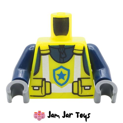 LEGO Vibrant Yellow Safety Vest Torso, Silver Stripes, Blue Star.
