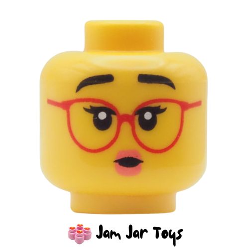 LEGO Yellow Head, Black Eyebrows, Red Glasses, Pink Lips, Surprised