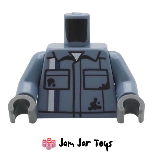 LEGO Sand Blue Torso, Overalls, Black Stains, White/Blue Stripe.