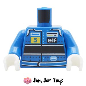 LEGO® Blue Racing Suit Torso, White/Black Stripes, Yellow 5 / elf. TO375