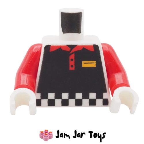 LEGO Black Racing Suit Torso Black White Checkered Fries Logo Red Collar