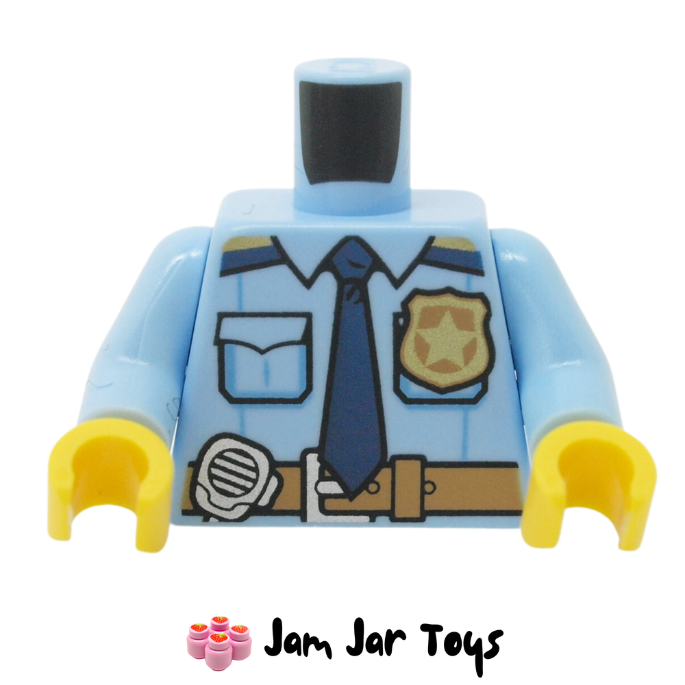 LEGO Bright Light Blue Police Shirt with Dark Tan Belt, Gold Badge - Police on Rear