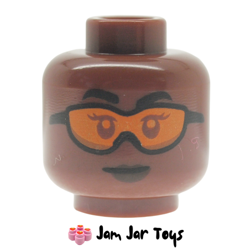 LEGO Reddish Brown Head, Orange Glasses, Dark Brown Lips.