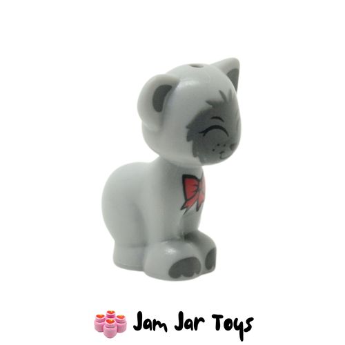 LEGO Cat, Sitting, Closed Eyes, Dark Bluish Grey Face, Dark Red Bow.