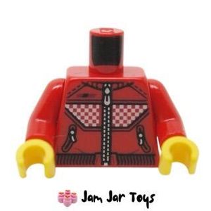 LEGO® Cooper Red Torso, Racing Suit, White Squares, Zippers, Dark Red Trim TO94