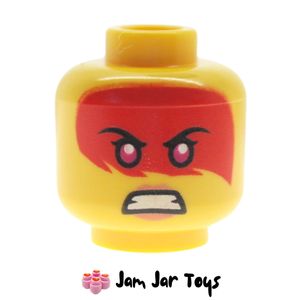 LEGO Harumi Head, Magenta Eyes, Red Paint Across Eyes, Peach Lips, Smile / Angry.