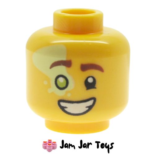 LEGO Mateo Head, Bright Light Yellow Spot over Eye, Open Mouth Grin.