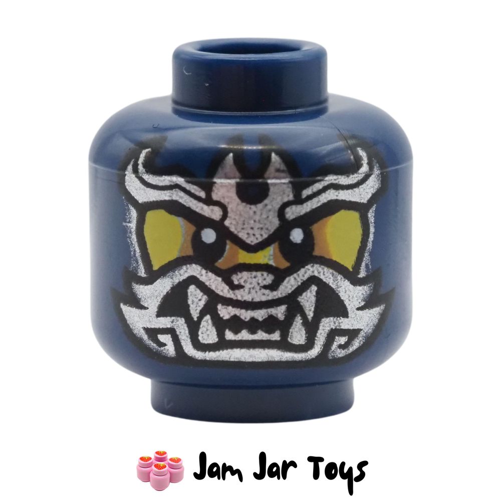 LEGO Dark Blue Wolf Mask Warrior Head, Silver Face Mask, Fangs