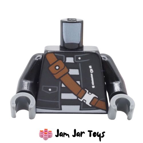LEGO Black Jacket, Black/White Striped Shirt, Reddish Brown Strap.