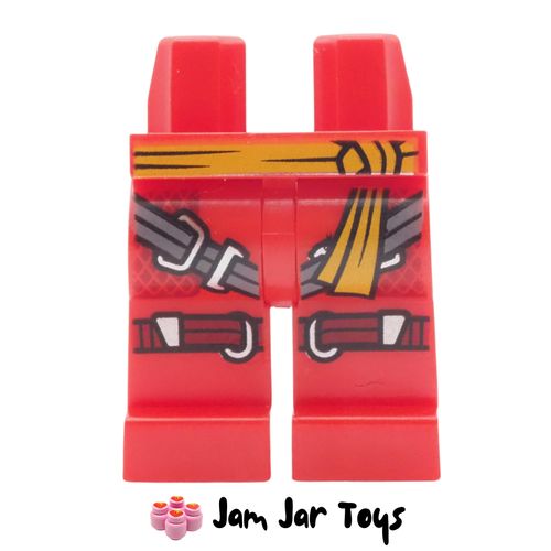 LEGO Red Legs, Orange Sash, Silver Straps, Dark Red Knee Wraps.