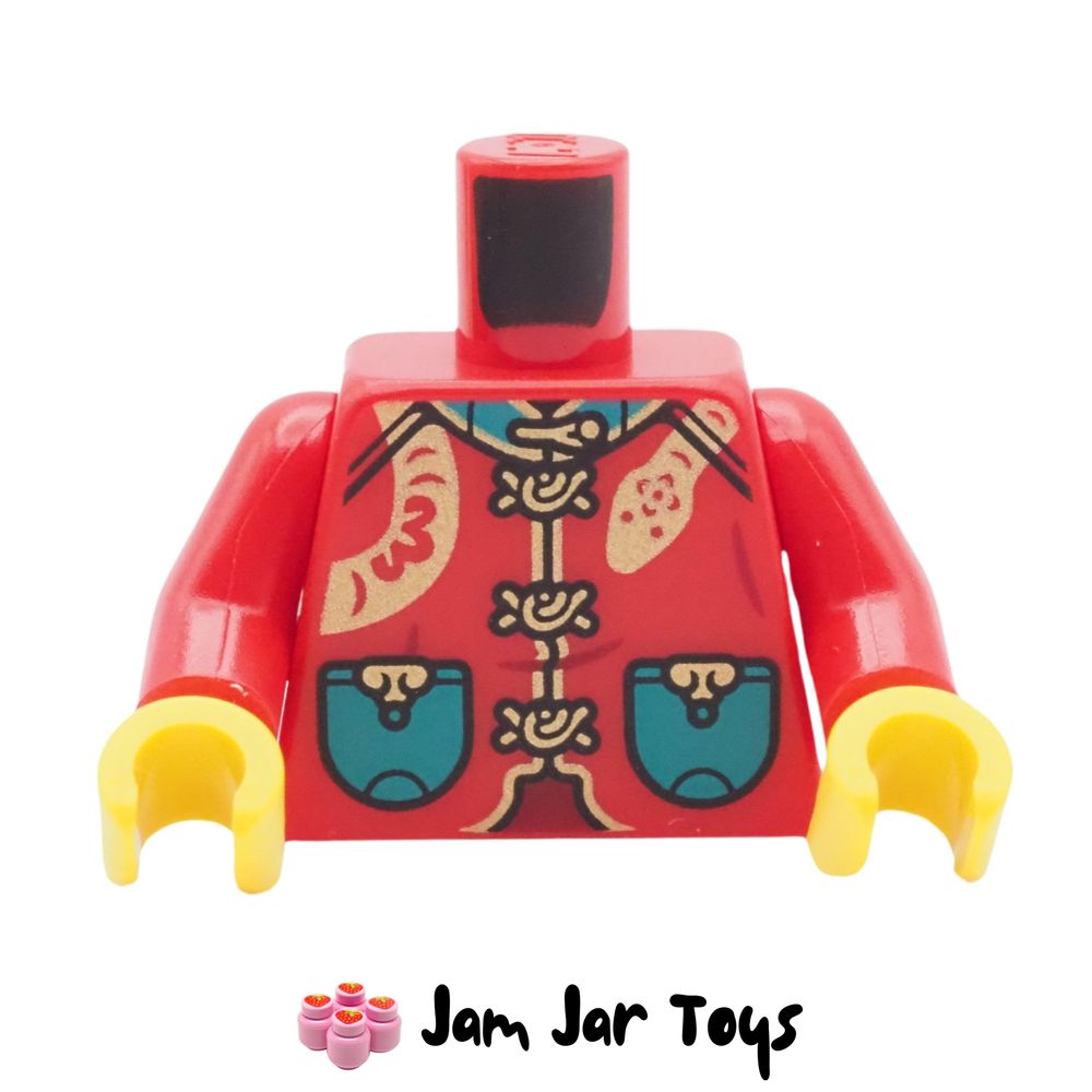 LEGO Red Tang Jacket Torso, Gold Snake / Knots, Dark Turquoise Pockets.