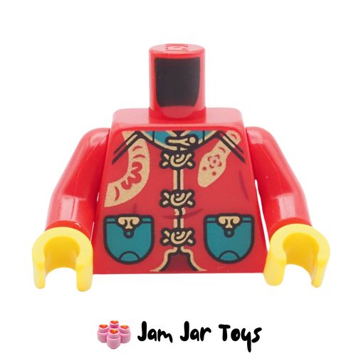 LEGO Red Tang Jacket Torso, Gold Snake / Knots, Dark Turquoise Pockets.