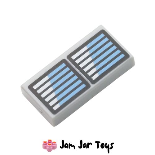 LEGO Light Bluish Grey 1 x 2 Tile with Black Grill, Medium Blue/White Pattern