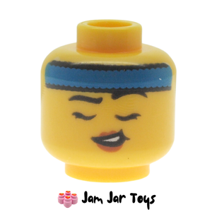 LEGO® Minifig Head, Blue Sweatband, Dark Pink Lips, Small Open Mouth Smile/Closed Eyes Lopsided Grin HF2