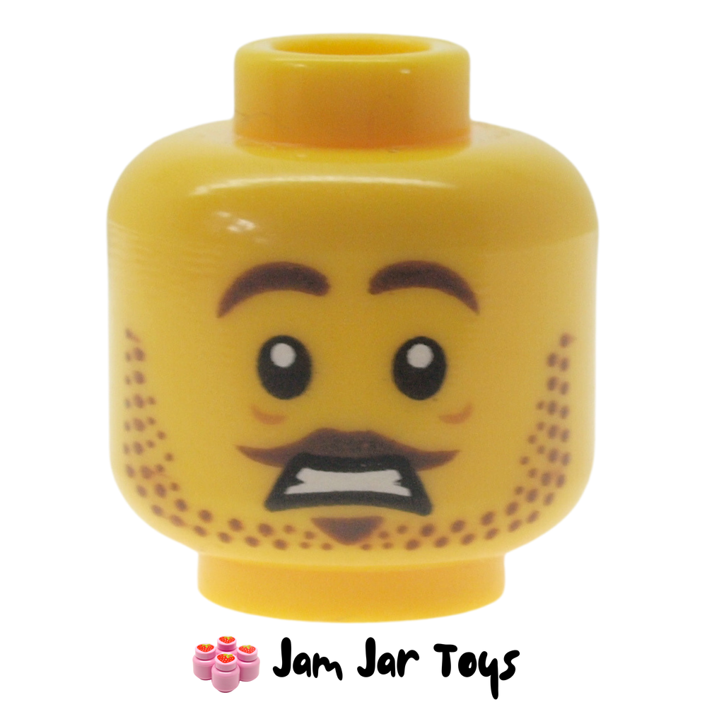 LEGO Dual Sided Head, Moustache, Stubbled Beard, Scared.