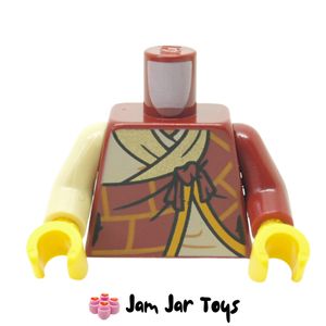 LEGO Dark Red Torso, Odd Arms, Tan Shirt, Dark Red/Bright Light Orange Robe